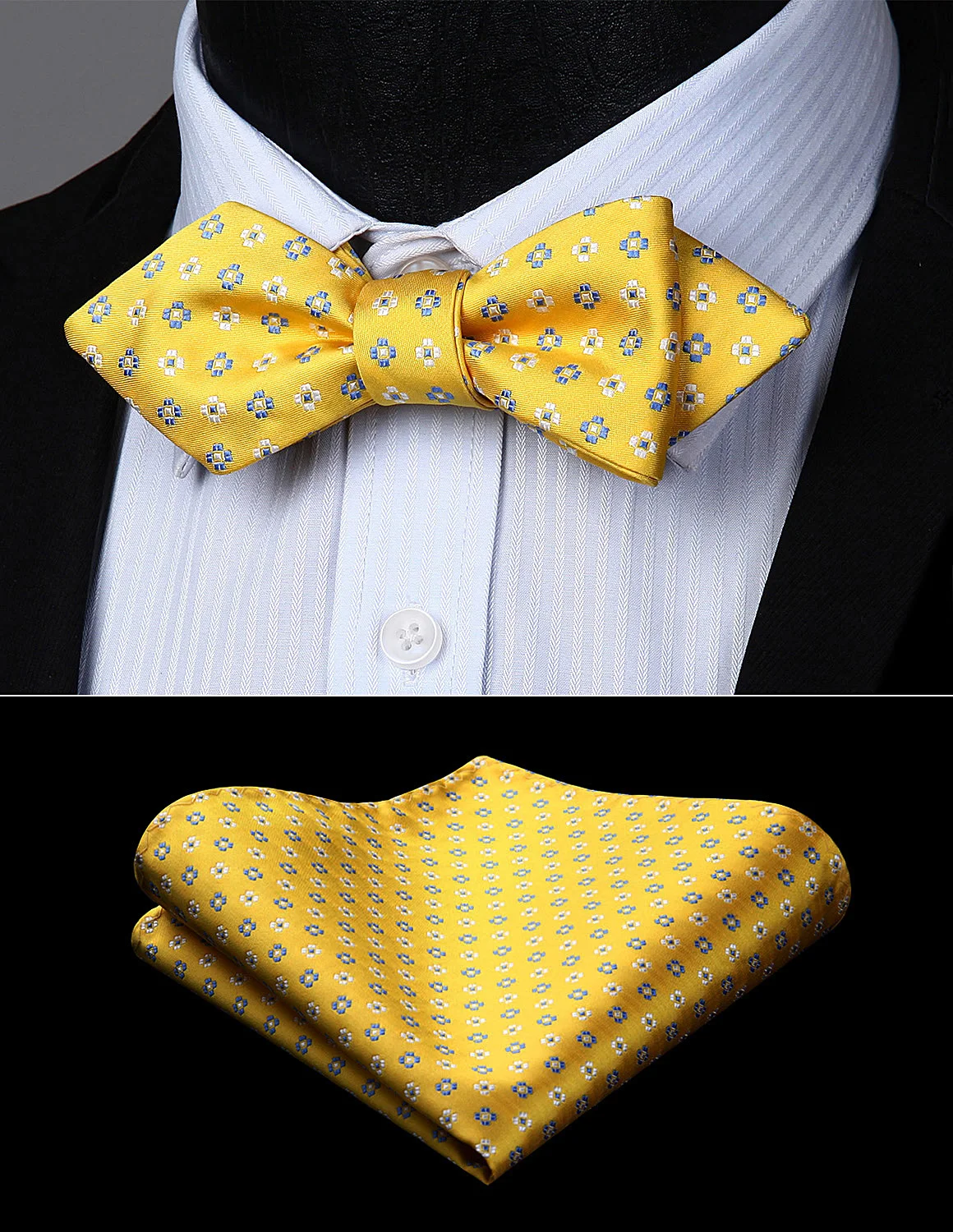  Men Self Bow Tie Paisley Striped Check Diamond Point Tip Handkerchief Set#JT2 Pocket Square Classic