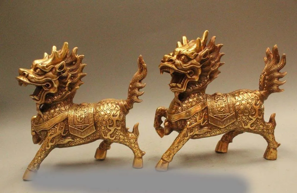 

8" Chinese Folk Feng Shui Brass Foo Dogs Wealth Fu Dragon Kylin Statue Sculpture