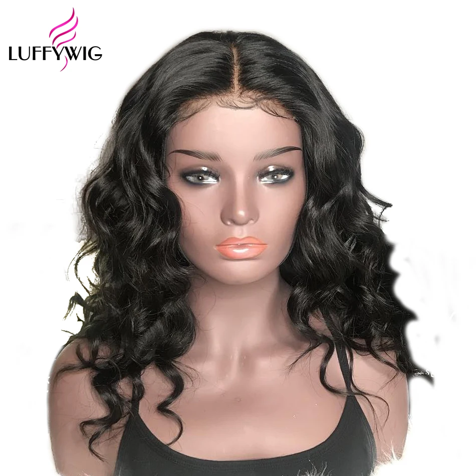 LUFFYHAIR Glueless Синтетические волосы на кружеве короткие парики человеческих волос для Для женщин натуральный черный волнистые Remy бразильских