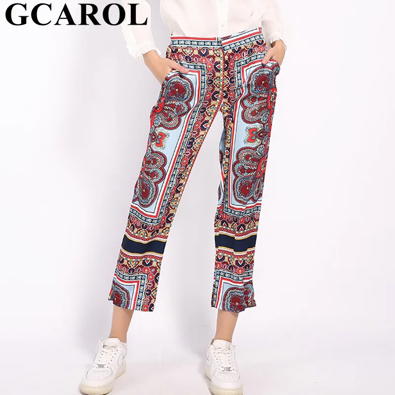 

GCAROL 2019 Women Totem Floral Ankle Length Pants Elastic Waist Vintage Trousers Summer Spring Drape Design Pants