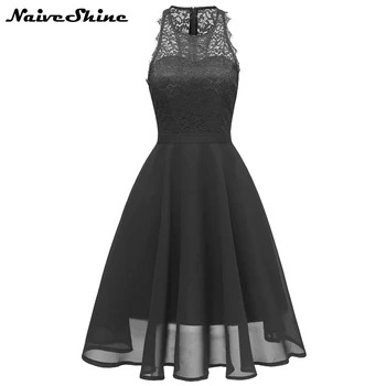 

Naive Shine Elegant Lace Patchwork Chiffon Summer Dress Sleeveless O-neck Sexy Backless Swing Black Cocktail Party Dresses
