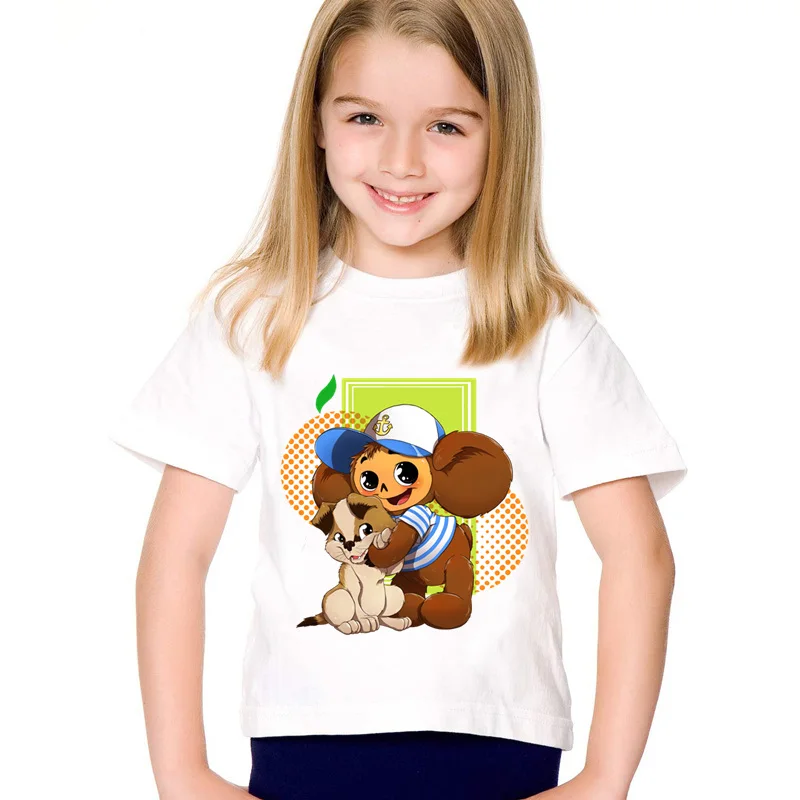 Веселые детские футболки с принтом из мультфильма «Чебурашка» в русском стиле, детские летние футболки, топы, детская одежда для мальчиков и девочек, HKP5167