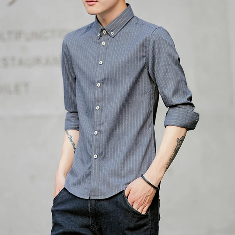 

Top Quality Men's Shirt Long Sleeve Mens Striped Red Black Gray Blue White Shirts Brand Casual Fashion Business Button Shirts