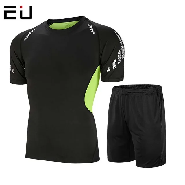 

Men's Fitness Sport Suit Summer Sports Tight Short-Sleeve T-Shirt +Quick-drying Running Shorts Two-piece Training Exercise Suit