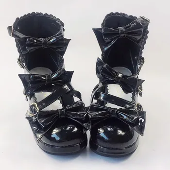 

Antaina Tea Party Glossy Black Bows Straps Lolita High Heels Shoes Sweet Pumps Lady Lolita Cosplay Party Shoes