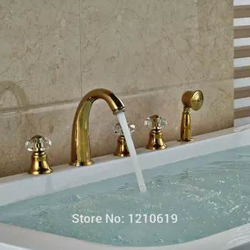 

Newly Deck Mount Luxury Bathtub Faucet Set Golden Polished Shower Mixer Tub Faucet Tap Crystal Handles