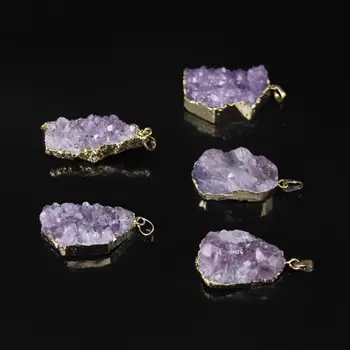 

5pcs/lot,Natural Amethysts slab nugget Pendant,Gold Edge Raw Purple Crystal Quartz Geode Freeform slice Charm Pendant