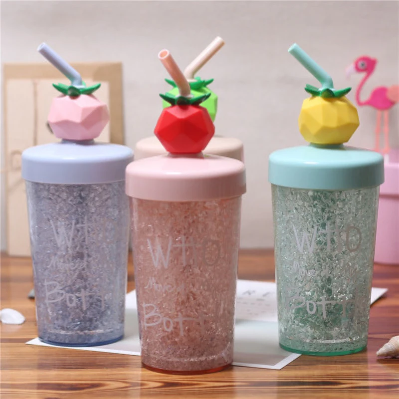 

270ml Summer Lovely Plastic Cup Drink Bottle With Straw Double Layer Cold Leak Proof Portable Outdoor Tour My Water Bottle