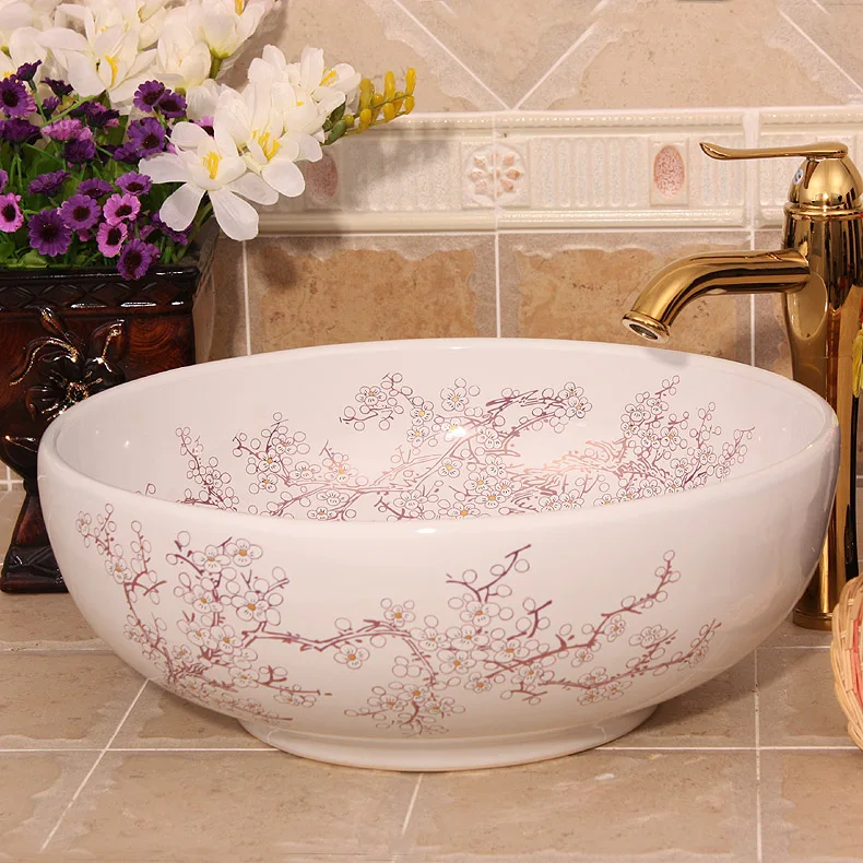China Artistic Handmade Engraving Ceramic Lavobo Round Countertop size of wash basin plum blossom painting white (4)