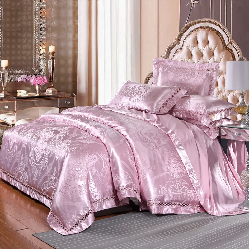 

Light Pink European Style Jacquard Bedding Silk Cotton Blend Queen King Size 4pcs Duvet Cover Flat Sheet Pillow Case
