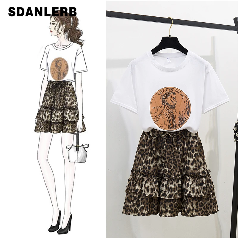

2019 Summer Women Short Sleeves Fashion Print T-shirt + Elastic Waist Leopard Skirt 2 Pcs Sets Female Causal Suits