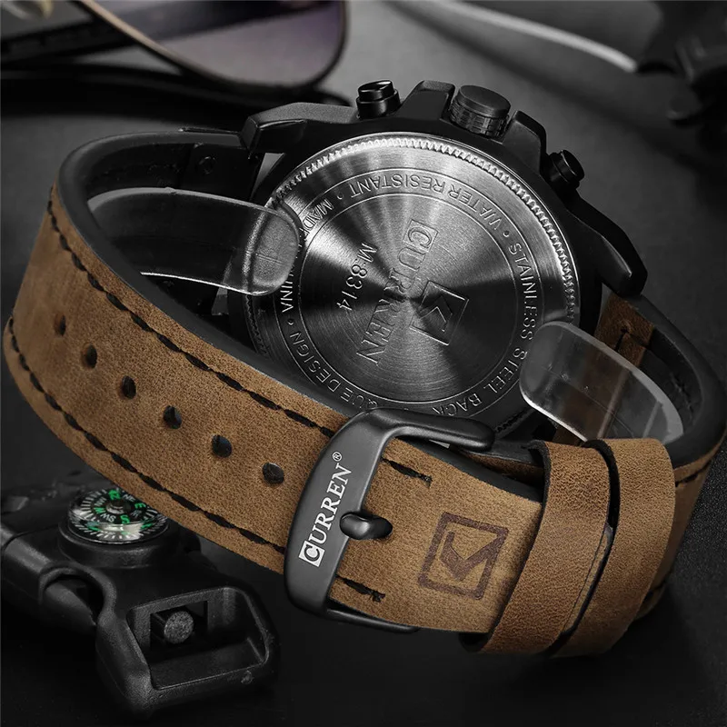 CURREN Mens Watches Top Luxury Brand Waterproof Sport Wrist Watch Chronograph Quartz Military Genuine Leather Relogio Masculino