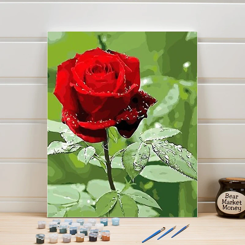 

Paint Oil Painting By Numbers Rose Flower DIY Canvas Acrylic Coloring Art Pictures For Living Room Wall Adults Drawing One Piece