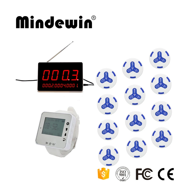 Mindewin 1 шт. светодиодный дисплей, для приема+ 1 шт. наручные часы с пейджером+ 12 шт. кнопка вызова официанта беспроводная пейджинговая система для ресторана - Цвет: White blue