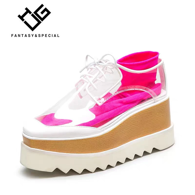 

IGU Women Flat Shoes Genuine Real Leather PVC Transparent Platform Shoes For Females Lace Up Hiphop Punk Shoes Mocasines Mujer