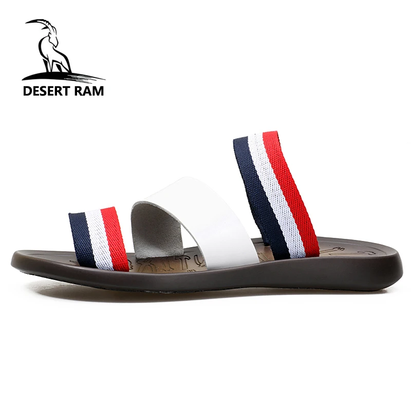 

DESERT RAM Brand Fashion Casual Band Slippers Trending Leather Slides High Top Summer Flip Flops White Beach Swimming Mens Shoe