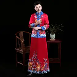Новое поступление; красные мужские cheongsam китайский стиль костюм жениха платье куртка длинное платье Традиционный китайский торжественное