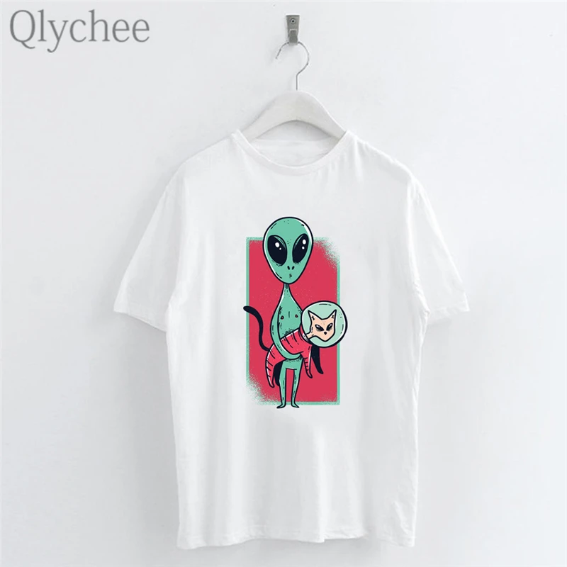

Qlychee Harajuku Alien Print Women's T Shirts Top Tees Crew Neck Lady T Shirts Short Sleeve Alien Cat Women T-shirts T Shirt