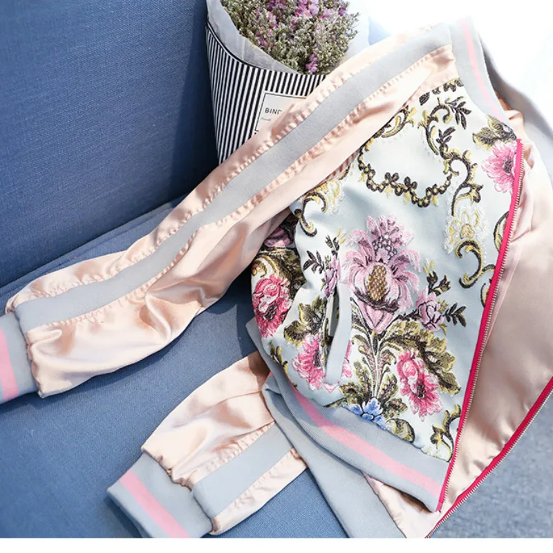 

Floral Embroidered Baseball Coat Pilot Hook Flowers Bomber Jacket Spring Autumn Zipper Cardigan Long Sleeve Outwear Loose Tops