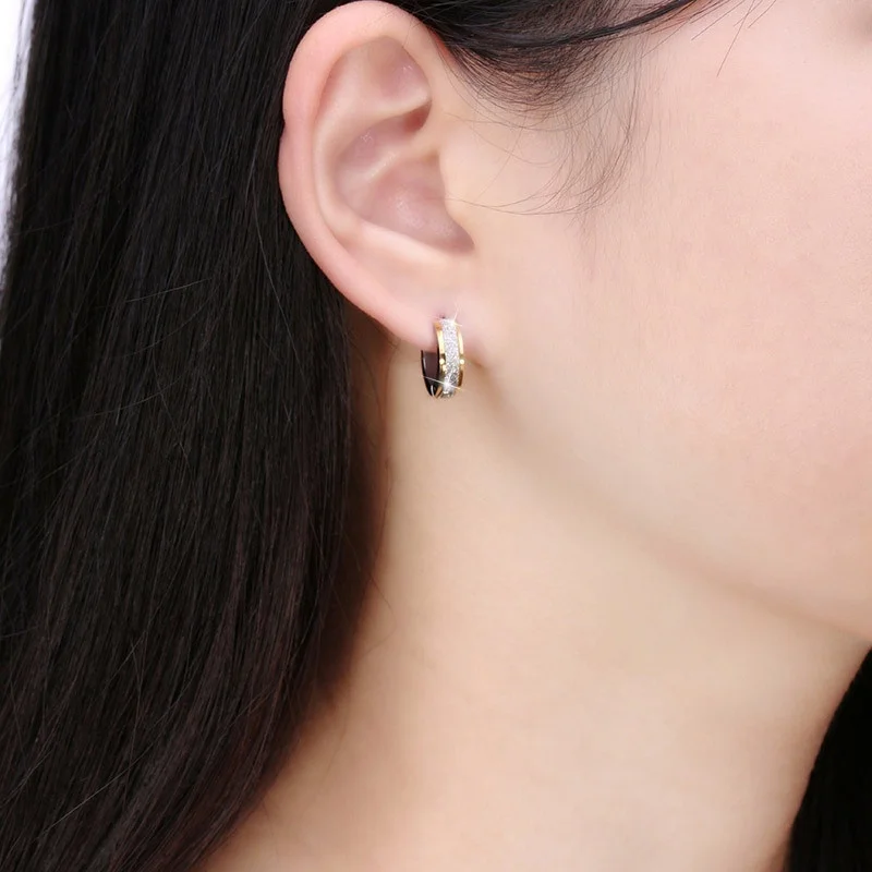 

Frosted Stainless Steel Round Small Circle Huggies Rhinestone Hoop Earrings For Women Fashion Loop Ear Jewelry 1 Pair Earrings