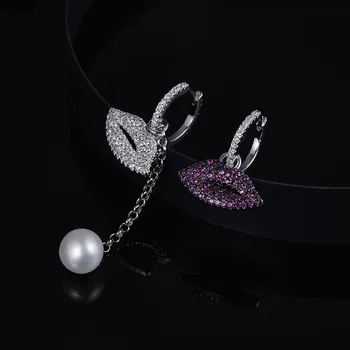 

AAA+ Quality Fashion Asymmetry Sterling Silver Hoop Earrings Top Zircon And Pearl Big Mouth Red Lips Earrings For Women Jewelry
