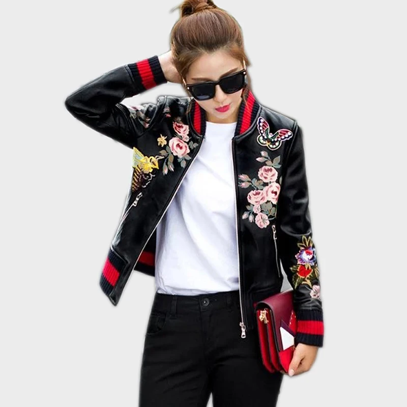 Spring PU Leather Jacket Women Short Floral Printed Embroidery