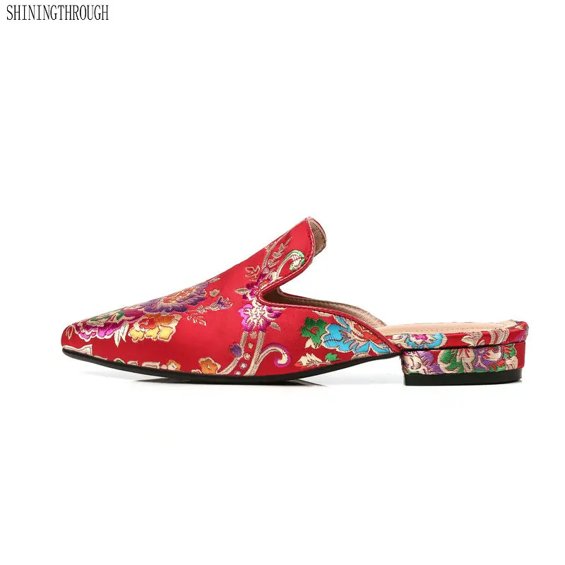 

Embroider silk Mules Women Slippers Genuine Leather Pointed Toe 2cm low Heels Spring Autumn Shoes