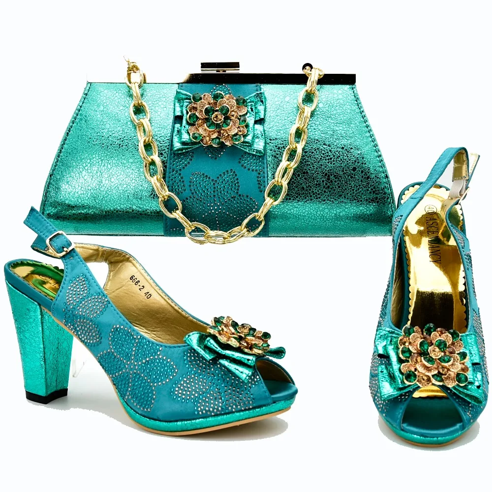 Green fashion newest shoes and bag matching set high heel with size 37 to 42 free shipping shoes