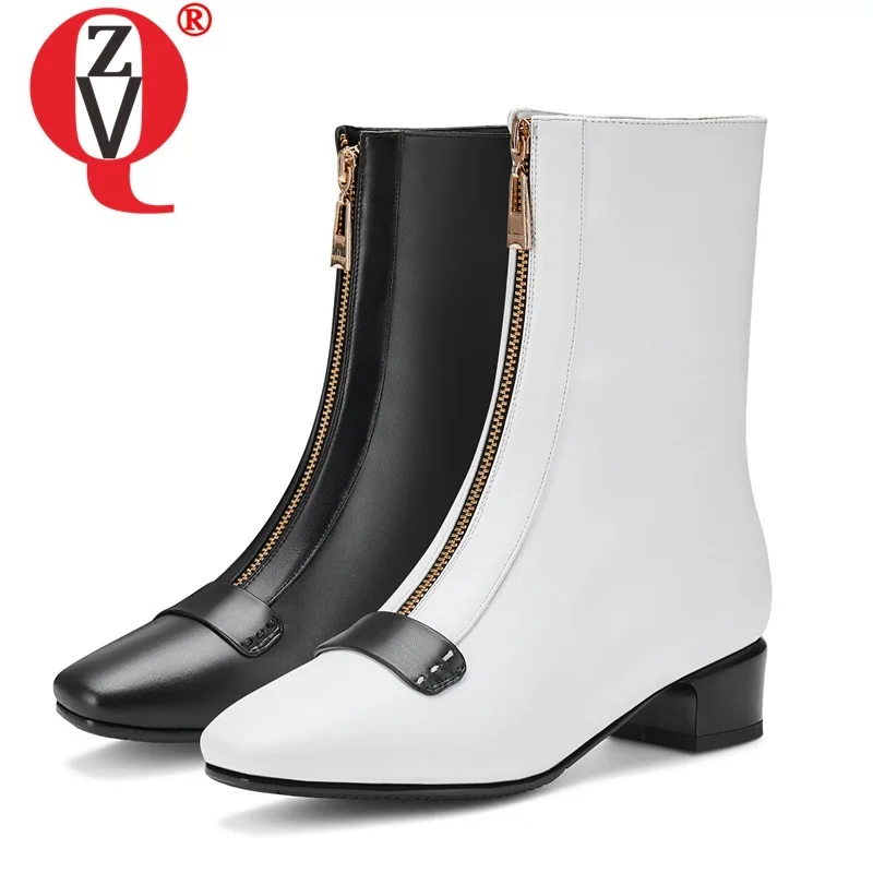 

ZVQ winter new fashion square toe woman shoes high quality genuine leather mid calf boots outside mid heels zip plus size shoes