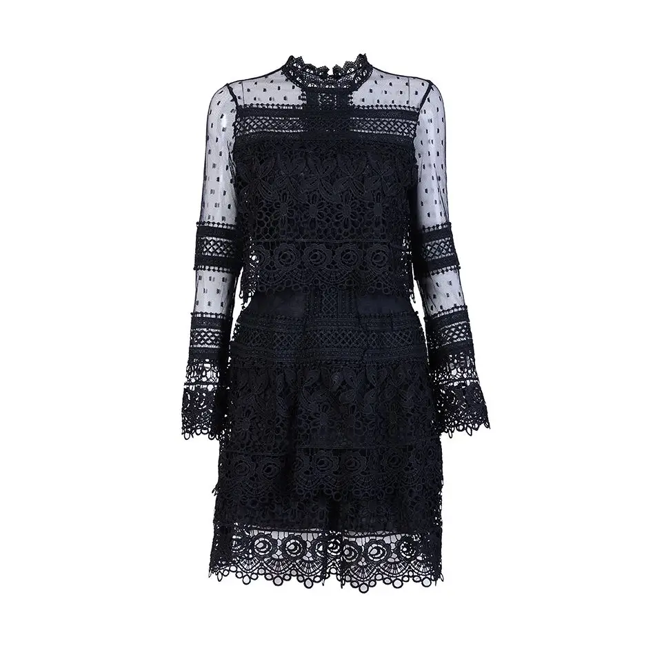 2017 lato kobiety dress długim rękawem o-neck elegancki black lace dress dot przędzy christmas party bodycon dress hurtownie vestidos
