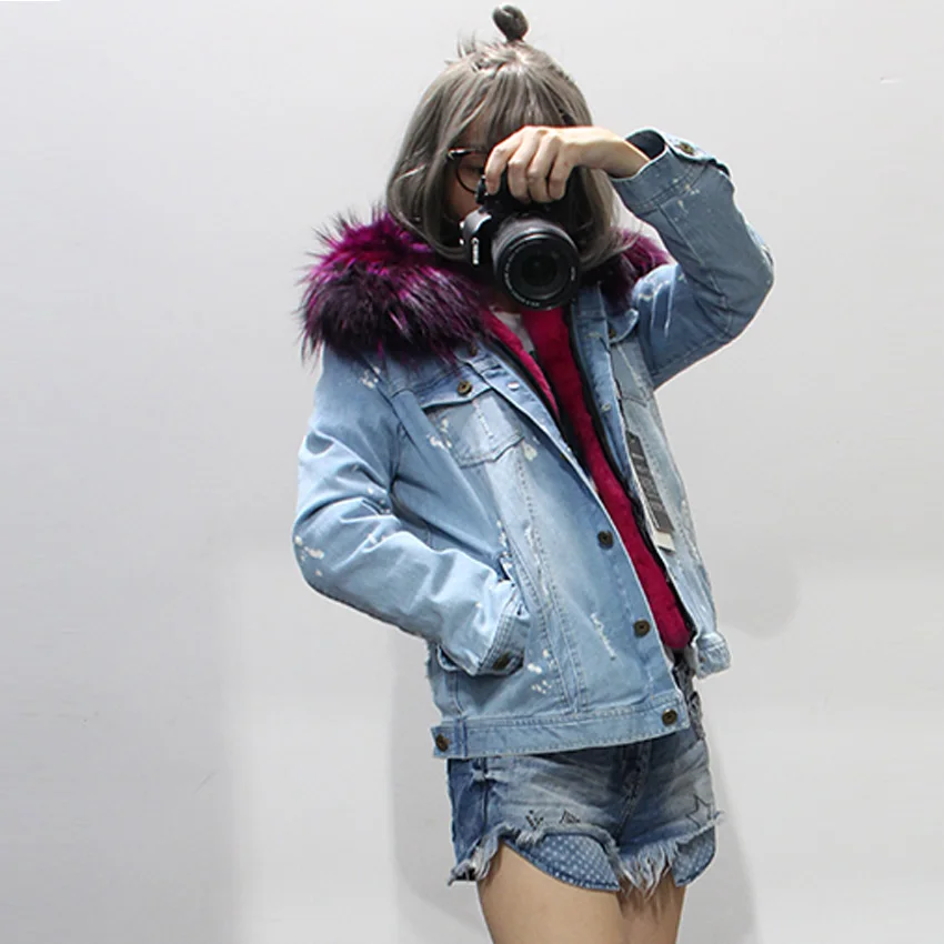Модный бренд, осенне-зимнее пальто для женщин, джинсовая куртка для девочек, куртка-бомбер из искусственного меха с толстой подкладкой, пальто из меха енота с большим воротником - Цвет: 13