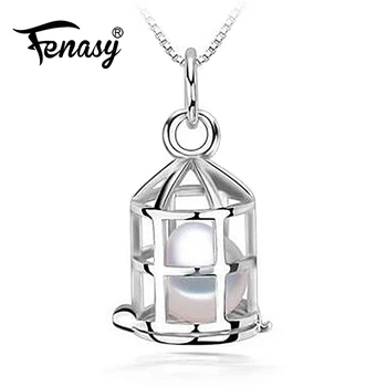 

FENASY Natural Freshwater Pearl Pendant Necklace For Women Romantic Vintage 925 Sterling Silver Cage Pendant With Round Pearl