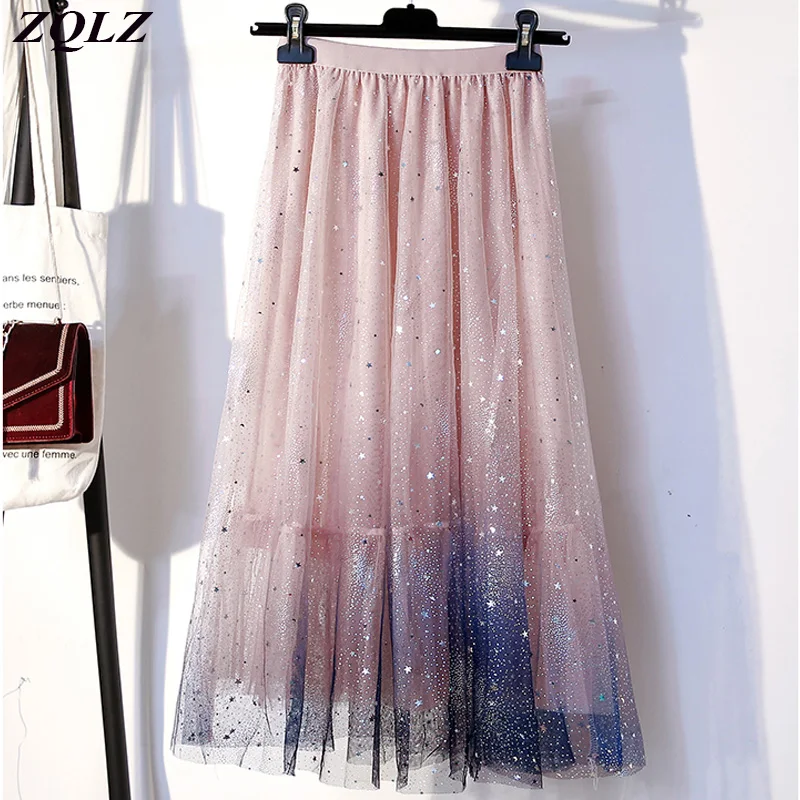 

Zqlz Summer Mesh Sequined Long Skirt Women Elastic Waist Plus Size 4xl Casual Tulle Skirts Female Vintage Sexy White Skirt