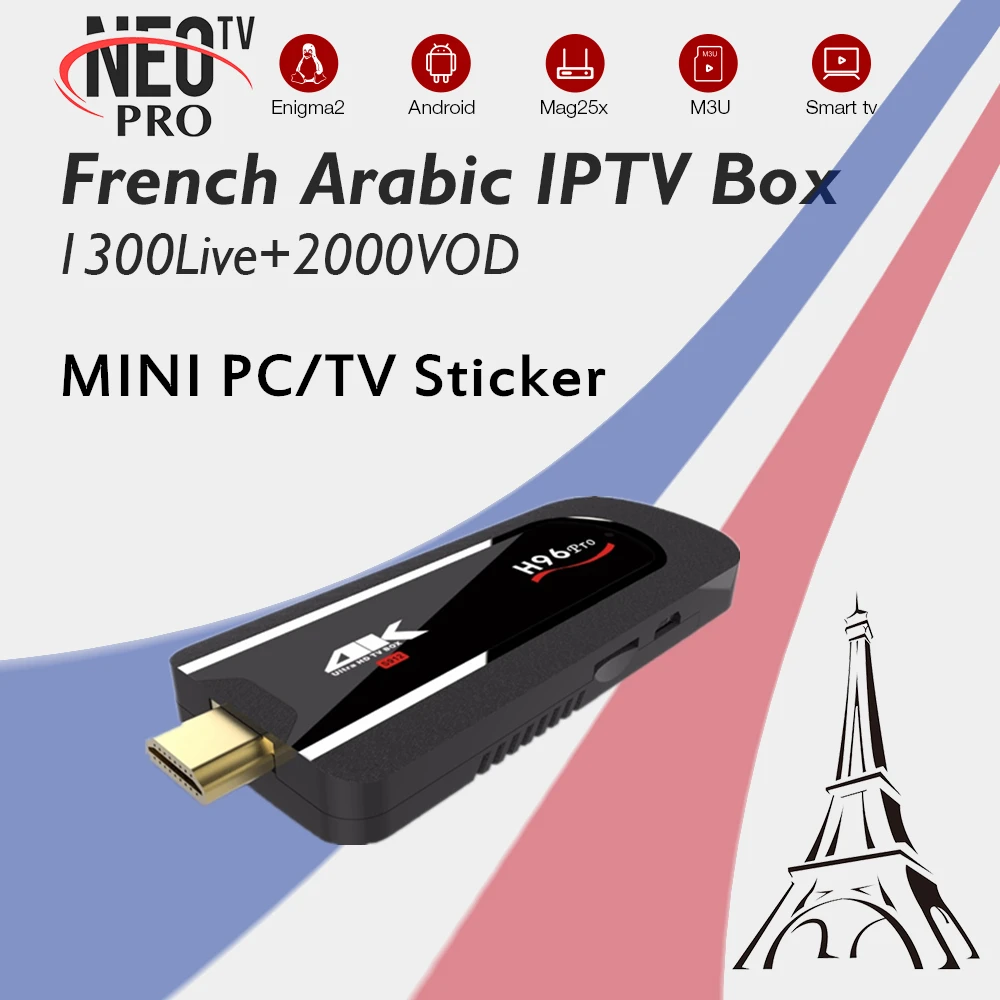 

H96Pro Mini+Arabic French IPTV Android TV Sticker Amlogic S912 64Bits Octa-core 2GB/8GB 4K H.265 BT4.1 2.4GHz WIFI+Mini Keyboard