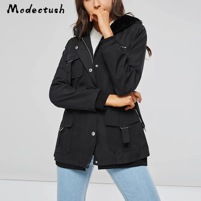 

Modecrush Womens Classic Wash Cotton Hooded Long Winter Jackets Coats 2019 Female Buckle Zipper Slim Casual Jacket Outerwear