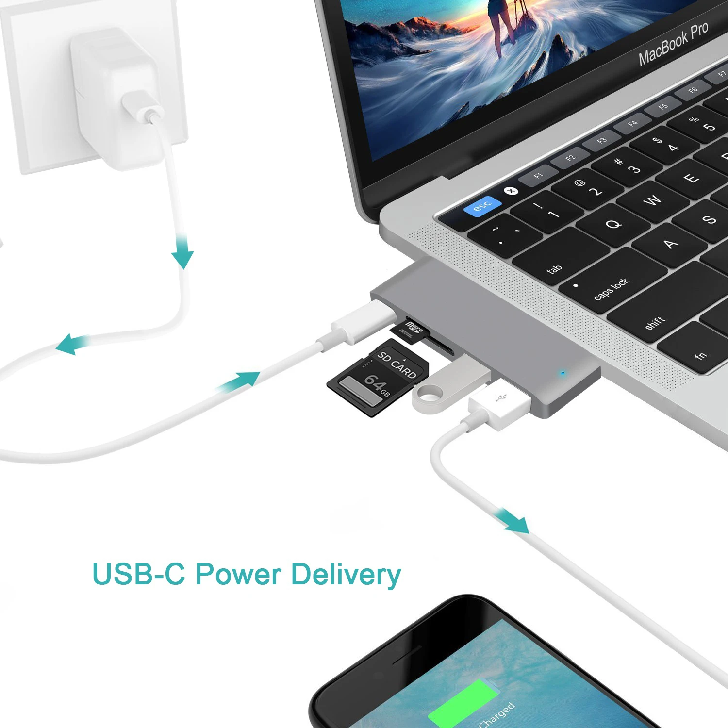 5 в 1 концентратор USB Type C с USB-C питанием 2 USB 3,0 порта и SD/Micro SD TF кард-ридер для MacBook Air Pro USB 3,1 концентратор