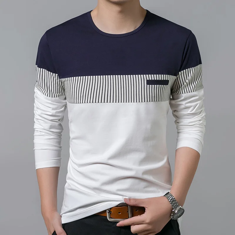 

T-Shirt Men 2018 Spring Autumn New Long Sleeve O-Neck T Shirt Men Brand Clothing Fashion Patchwork Cotton Tee Tops 7622