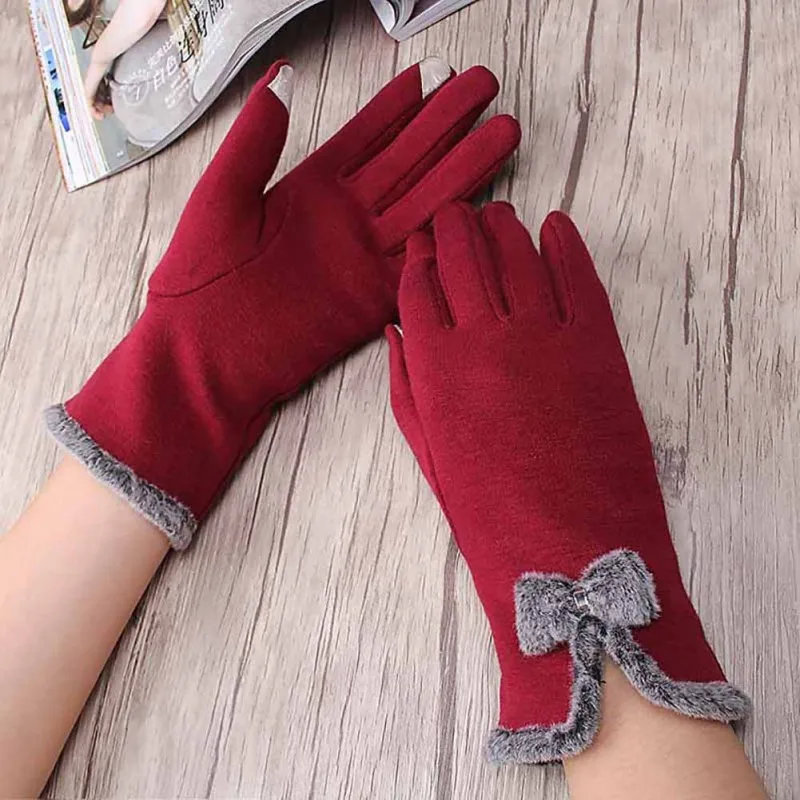 Элегантный Для женщин Сенсорный экран наручные шерсть перчатки женские прекрасные лук варежки для девочек Теплые зимние кашемировые перчатки
