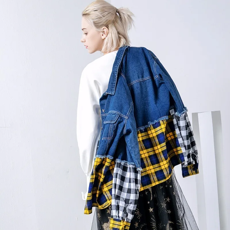 TWOTWINSTYLE лоскутное клетчатое джинсовое пальто Топы женские с длинным рукавом