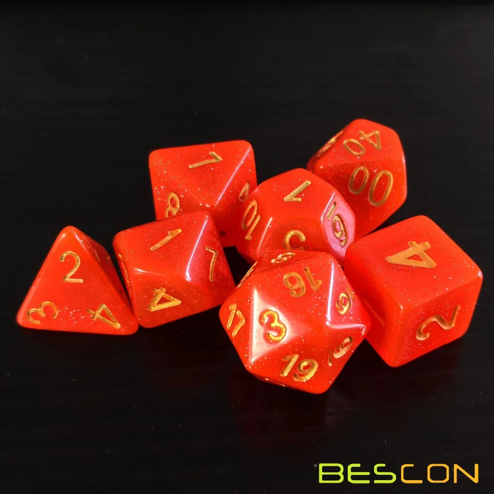 Bescon Intensive Glitter DND Dice 7pcs Set ROYAL RED, New Glitter RPG Dice Set d4 d6 d8 d10 d12 d20 d%, Brick Box Packaging 3