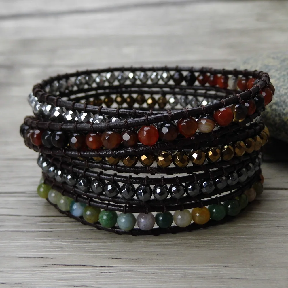 

boho wrap bracelet indian natural stone bead bracelet hematite beads leather bracelet yoga jewelry bohemian