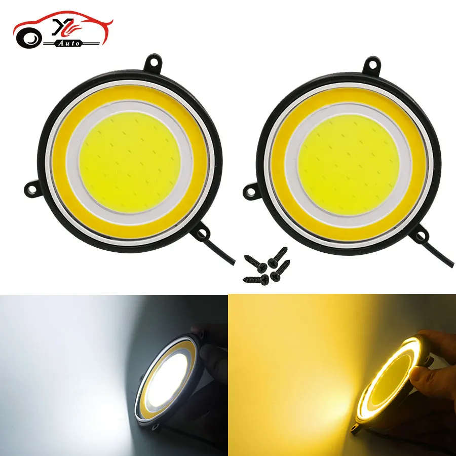 

car styling Fog Lights Car Driving Daytime Running Lights 88mm Round COB LED DRL Waterproof White Amber Source Dual Color DC 12V