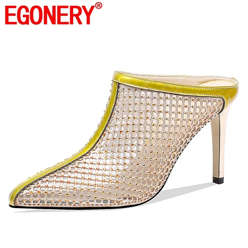

EGONERY shoes woman summer new fashion sexy high quality genuine leather woman slippers outside super high thin heels lady shoes