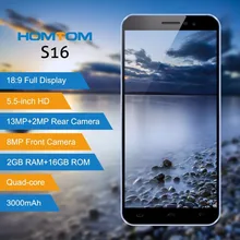 HOMTOM S16 Mobile Phone 5.5 Inch 18:9 2GB +16GB Rear Camera 13MP+Front Camera 8MP MTK6580 Quad-Core 3000mAh Battery Smartphone