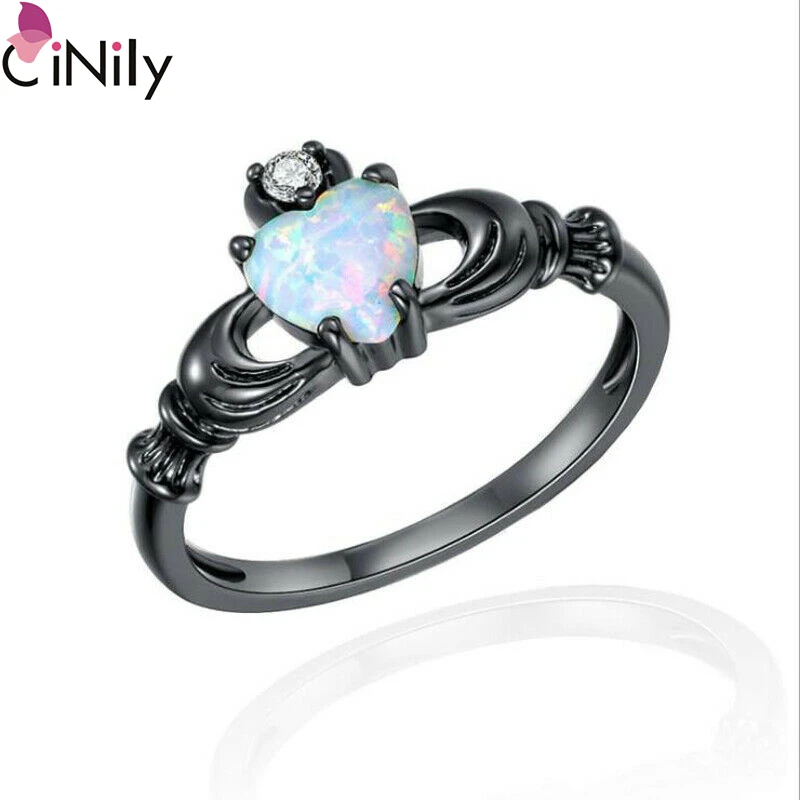 

CiNily Vintage White Opal Ziraon Black Gold Jewelry Ring For Women Wedding Party Birthday Gift Size 6-10 OJ9666