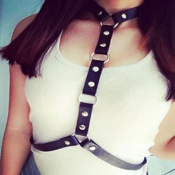 

Women Sexy PU Leather Harness Chest Body Bondage Waist Belt Chest Strap Street Dance Nightclub Binding Strap Necklace Hot Sale