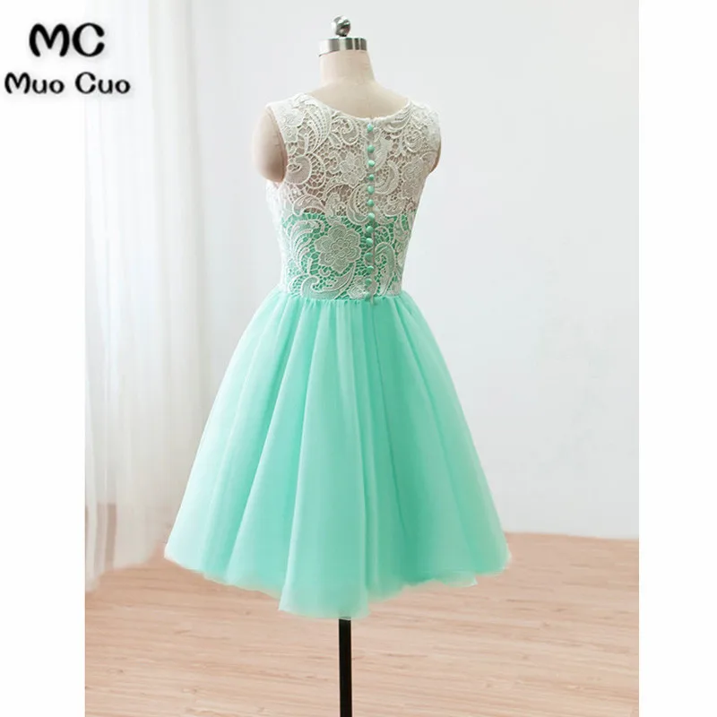 Cute Round neck lace tulle short green prom dress, bridesmaid dress54