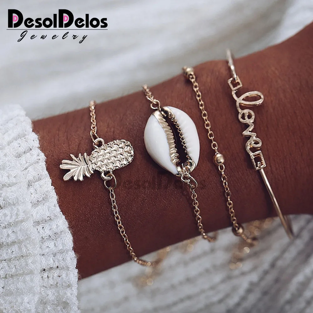 

Bohemian Love Cowrie Shell Pineapple Bracelets for Women 4PCS/Set Ocean Beach Chain Bracelet Set Armbanden Voor Vrouwen