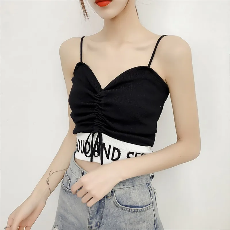 

Summer Women Sexy Drawstring Letter Print Camis Sleeveless Pullover Knitted Crop Top Camisole