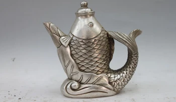 

China White Copper Silver Bamboo Shoot Lucky Carp Fish Teapot Flagon wine pot